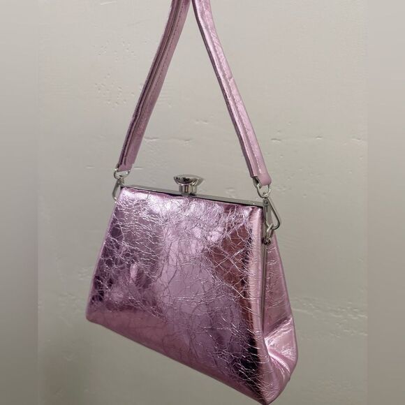 Metallic Pink Genuine Leather Handmade Push Lock Box Bag, Multi Use Style - Picture 9 of 15